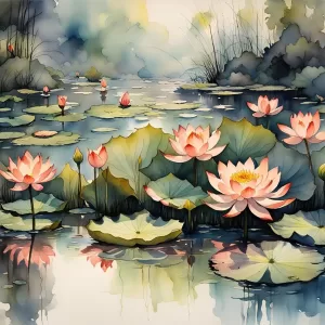 painting of lotus flowers on pond